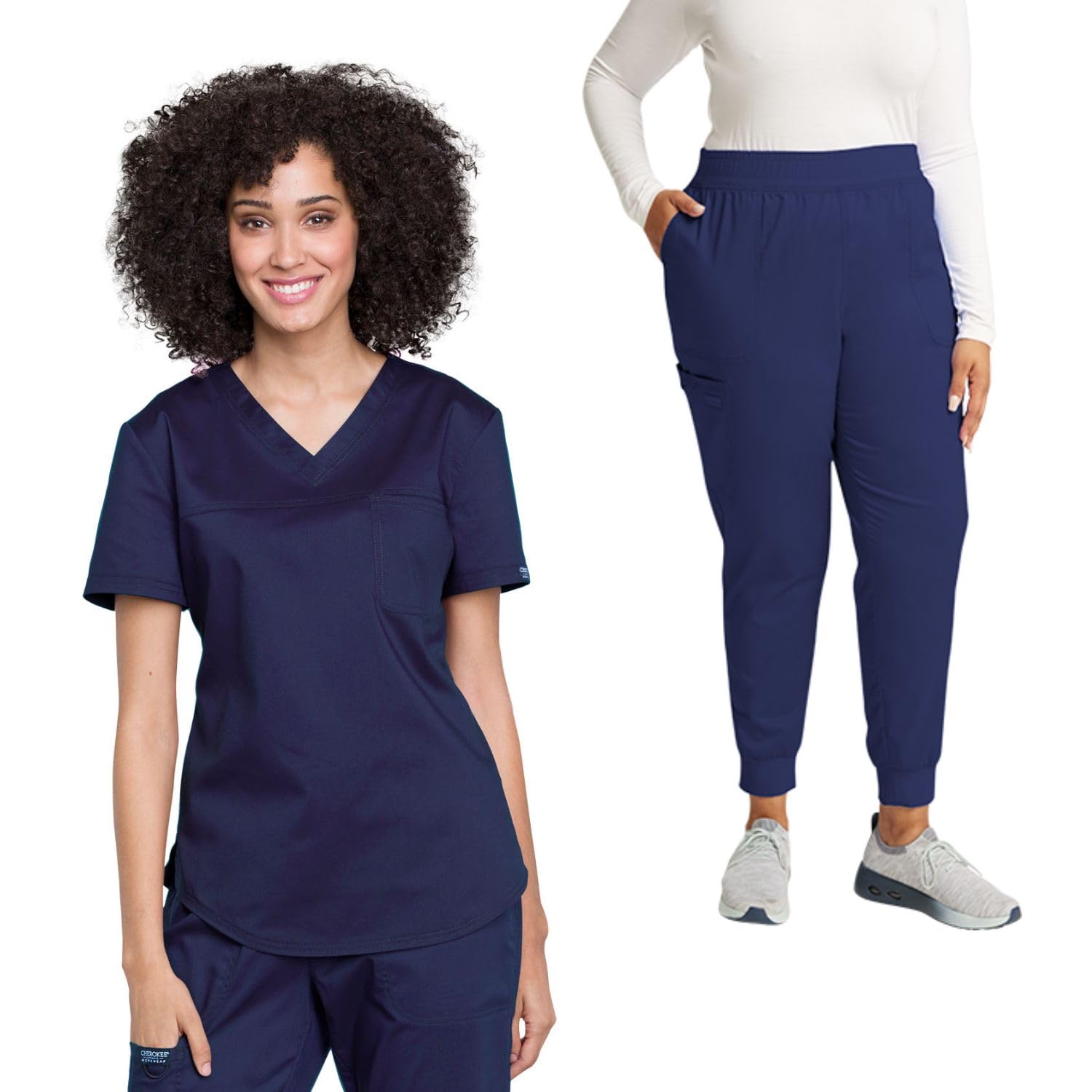Cherokee WW657 - Conjunto de uniforme médico para mujer, cuello en V, pantalones quirúrgicos de tiro medio con cintura elástica de punto, WW115, azul marino, talla S, pantalón S
