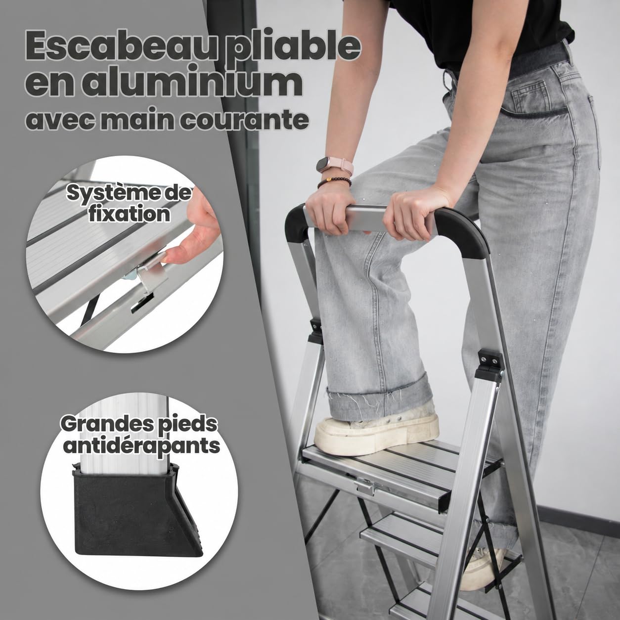 UZIRO Marche Pied Pliable 3 Marches, Aluminium, Charge Maximale 150 kg
