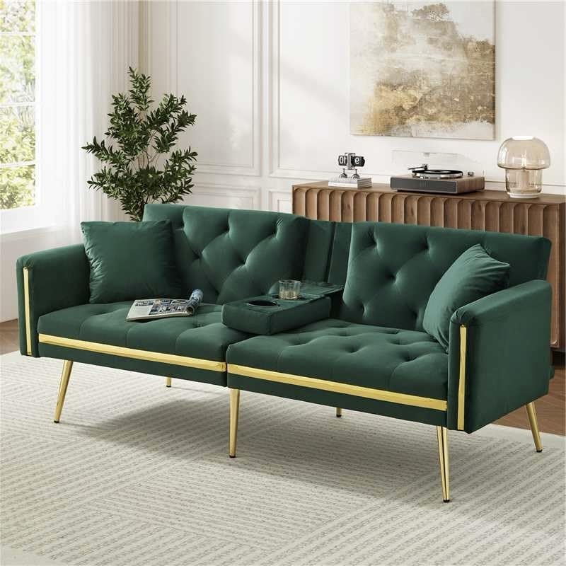 BTM 3 Seater Sofa Bed with Adjustable Backrest, Gold Accents and Built-in Cup Holders, 3 Seater Sofa/Folding Bed for for Living Room and Bedroom, Green — image 1