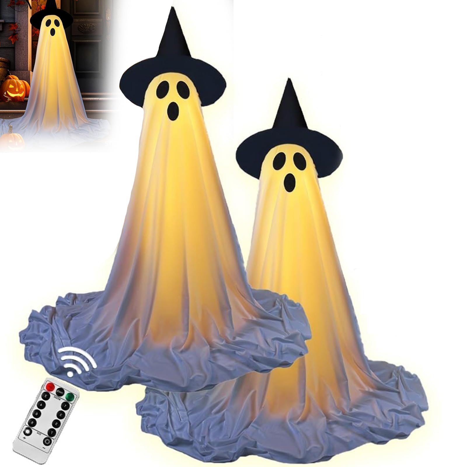 2PCS Sparkling Spooky Ghost Halloween Decorations, Large Standing Outdoor Light up Ghost Decor with Remote for Home, Yard, Porch