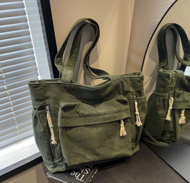 Bolsa Tote de pana para mujer, gran capacidad, verde miniatura 6