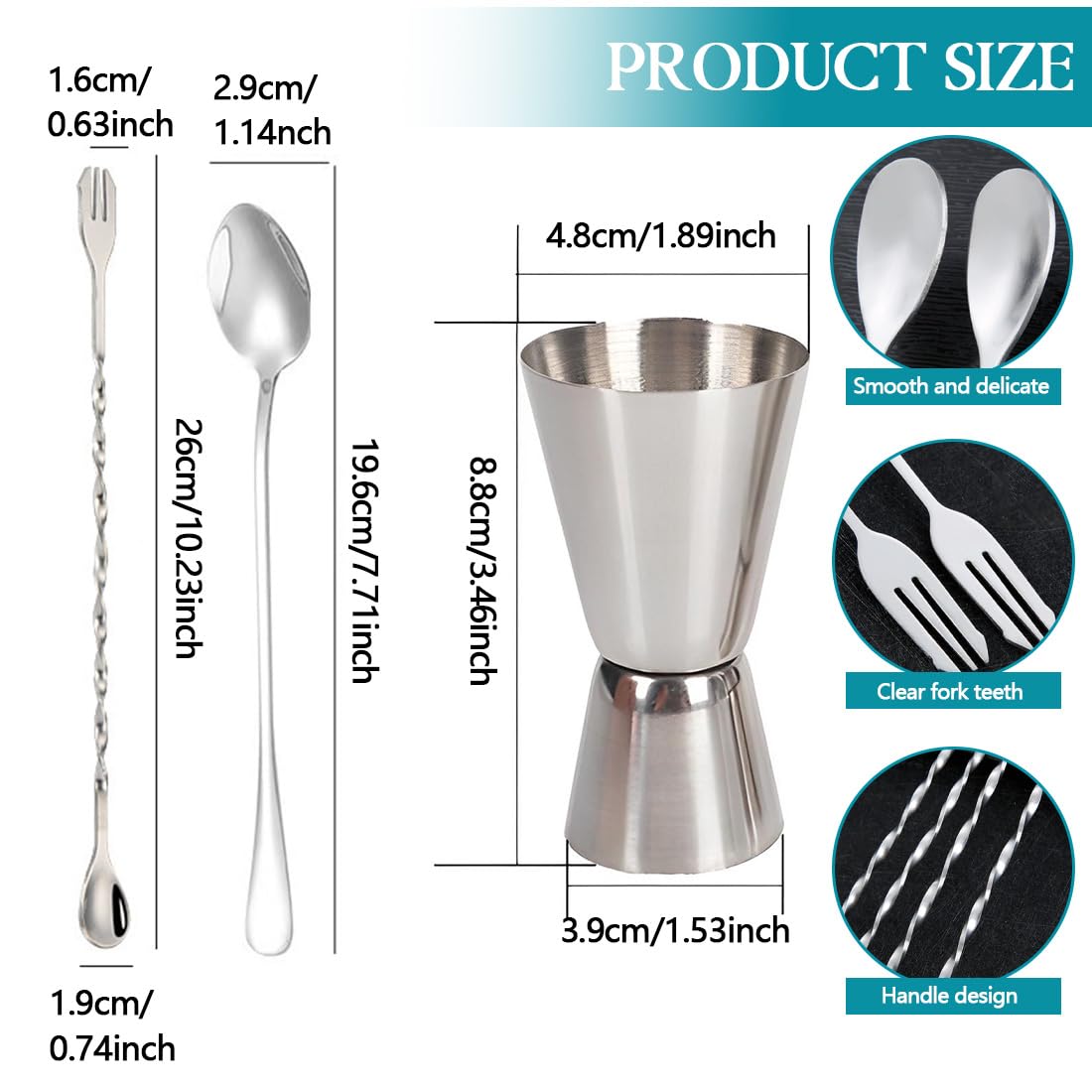Misurino Doppio per Cocktail,Misurino Doppio per Cocktail 30ml /60ml Stile Giapponese 2 Cucchiaini Bar In Acciaio Inox Attrezzatura Per Bar,Discoteche,Party, Feste, Cocktail, Shaker (Argento)