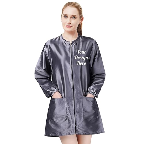 Miniatura 7 de TopTie Personalizado Bordado Satén Manga Larga Salón Smock Unisex Peluquero Peluquero Capa Chaqueta Mascota Aseo Ropa de Trabajo, Rojo -