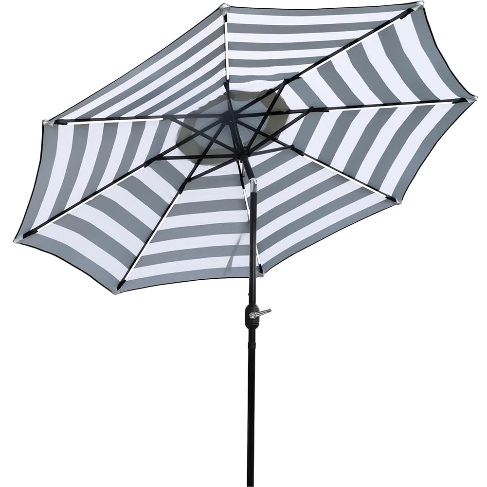 Duży Parasol Ogrodowy 270cm, Odchylany i Korbą, 8 Żeber - Solidny Słup, Parasol Przeciwsłoneczny do Ogrodu, Trawnika, Podwórka i Basenu, Czarny Biały Pasek