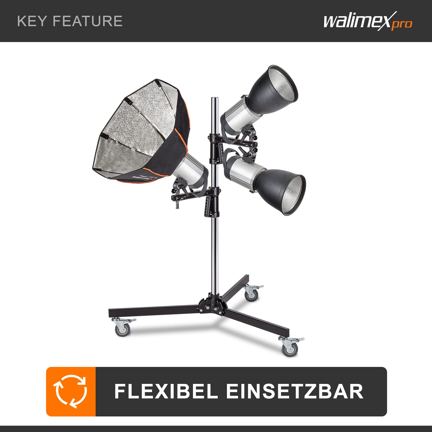 Walimex pro Rollstativ 223 cm, Blitzstativ belastbar bis 12 kg, Studiostativ mit zwei verschiebbaren Klemmhaltern, Lampenstativ mit stabilen Rollen ideal zur Befestigung von Studio-Equipment