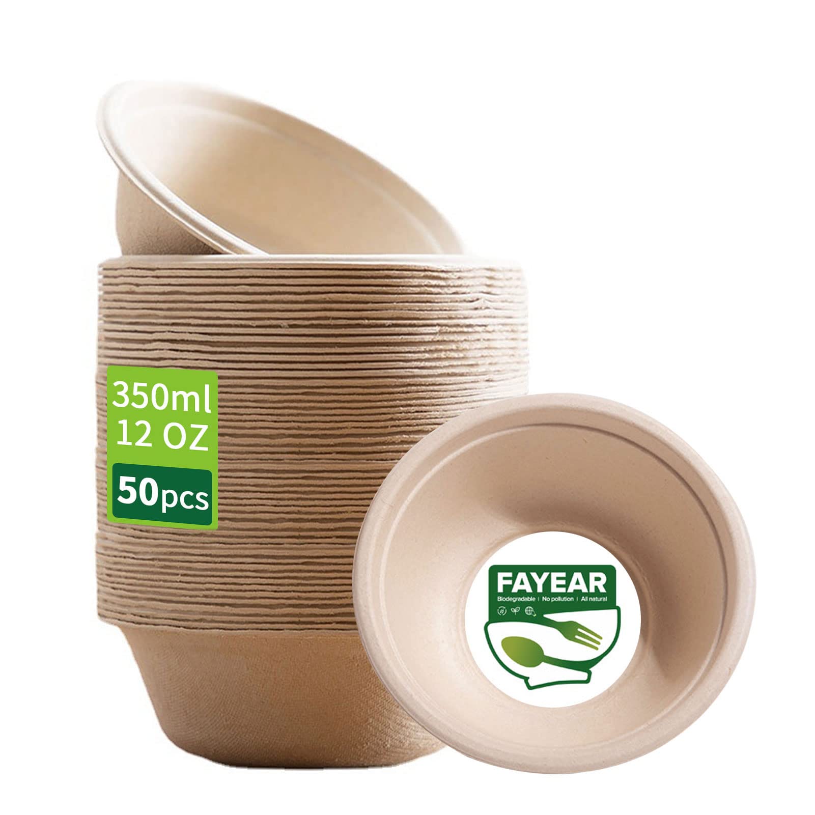 50 Pack Disposable Paper Bowls, Biodegradable and Compostable, Environmentally Friendly Disposable Bowls, Perfect for Party and Picnics (12 oz)