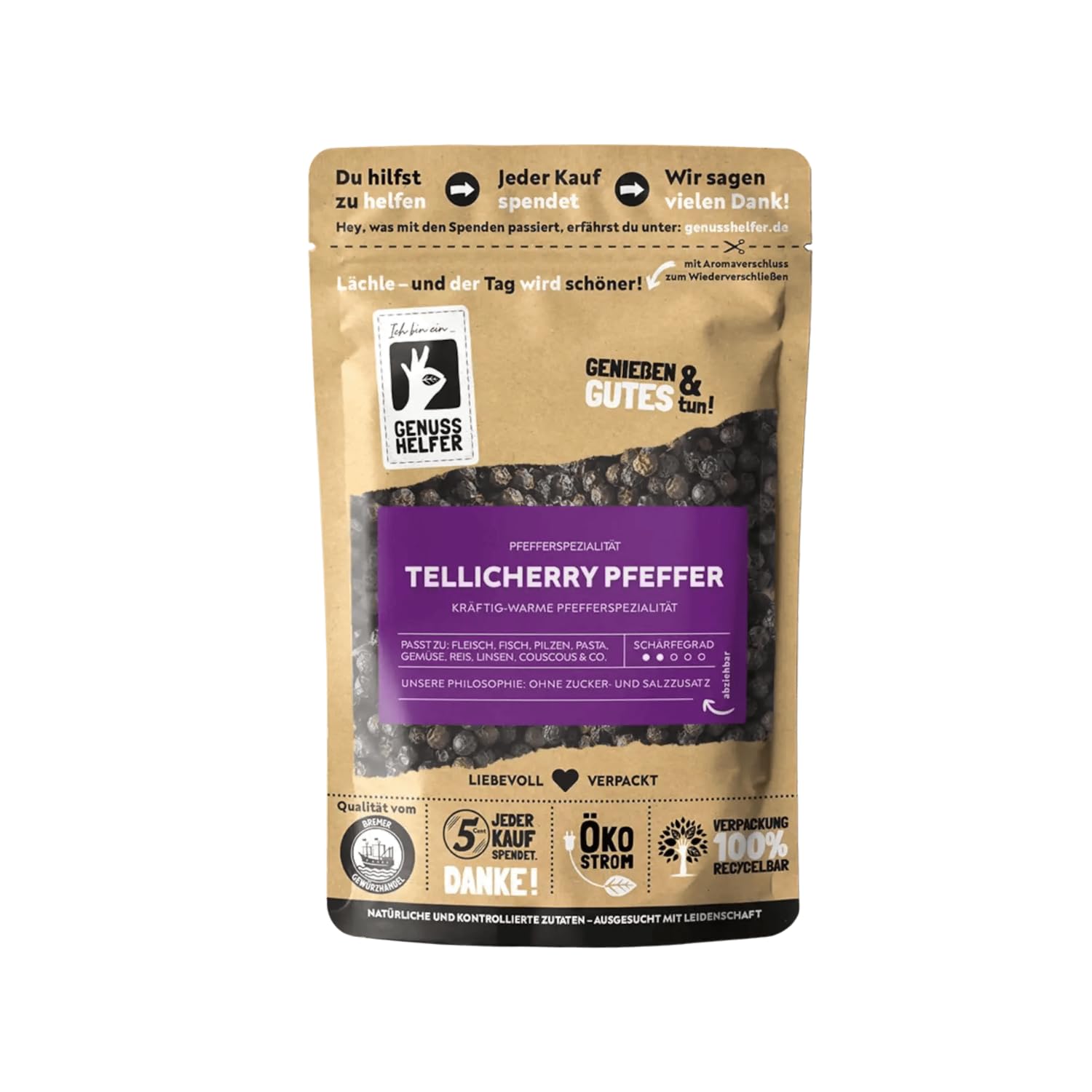 Bremer Gewürzhandel Tellicherry Pfeffer, ganz, edler Pfeffer für die Mühle mit intensiven Aromen zum Kochen und Backen, 100g