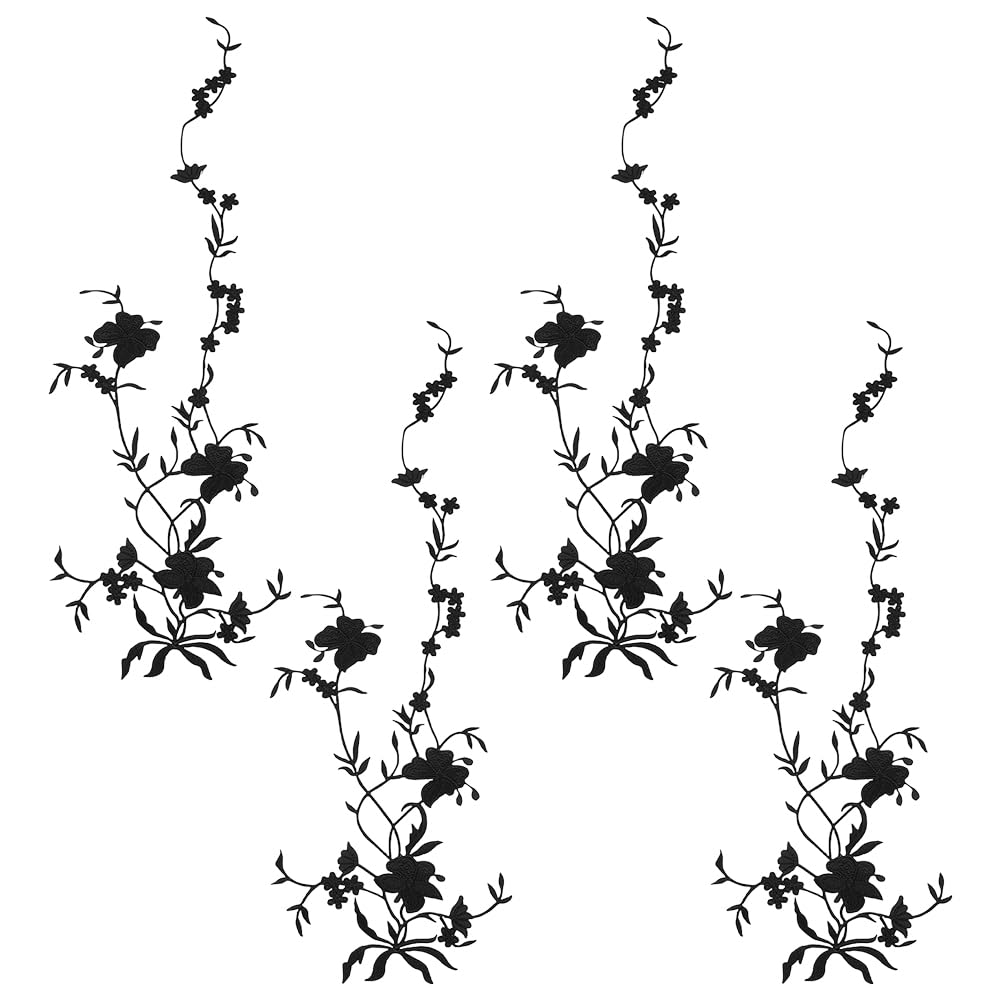 FINGERINSPIRE 4 Pcs Large Plum Blossom Iron On Patch 510x188mm Black Floral Embroidery Applique Flower Shape Cloth Patches Blossom Design Sew On Patches for Wedding Dress and Clothing Decoration