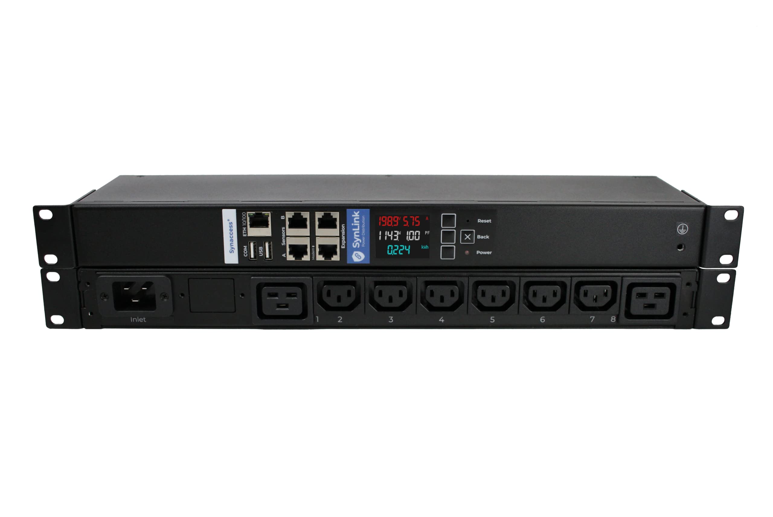 Synaccess SP-1001D SynLink Monitored 1U PDU (Non-SWITCHABLE OUTLETS) 120V/20A, 8 Outlets (6X C13 + 2X C19) - 1% Accurate Energy Meter KWH (8) - Access Via Web App, SSH, Serial, HTTP(S) API