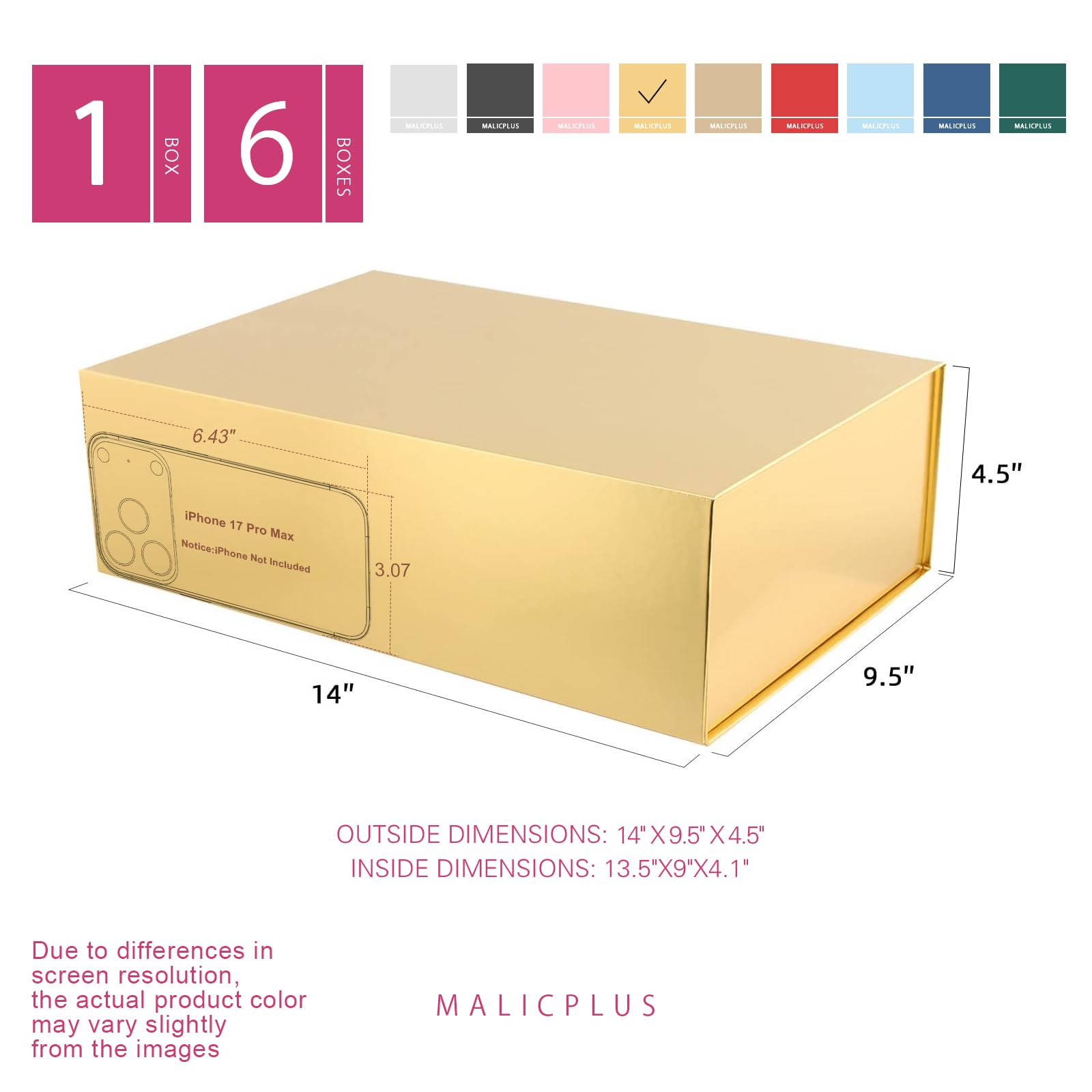 MALICPLUS 6 große Geschenkboxen mit Deckel, 34,9 x 22,9 x 10,4 cm, goldene Geschenkboxen für Trauzeugen mit Magnetverschluss für alle Anlässe (glänzendes Gold)