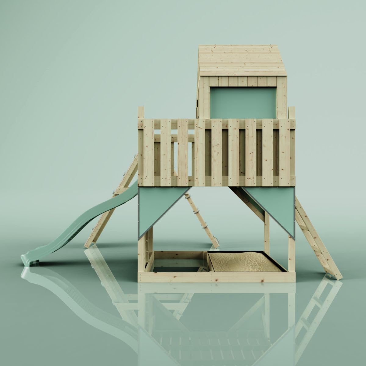 Rebo Outdoor Spielturm mit Wellenrutsche, Spielhaus aus Holz mit Kletterwand, Kletternetz,Mintgrün