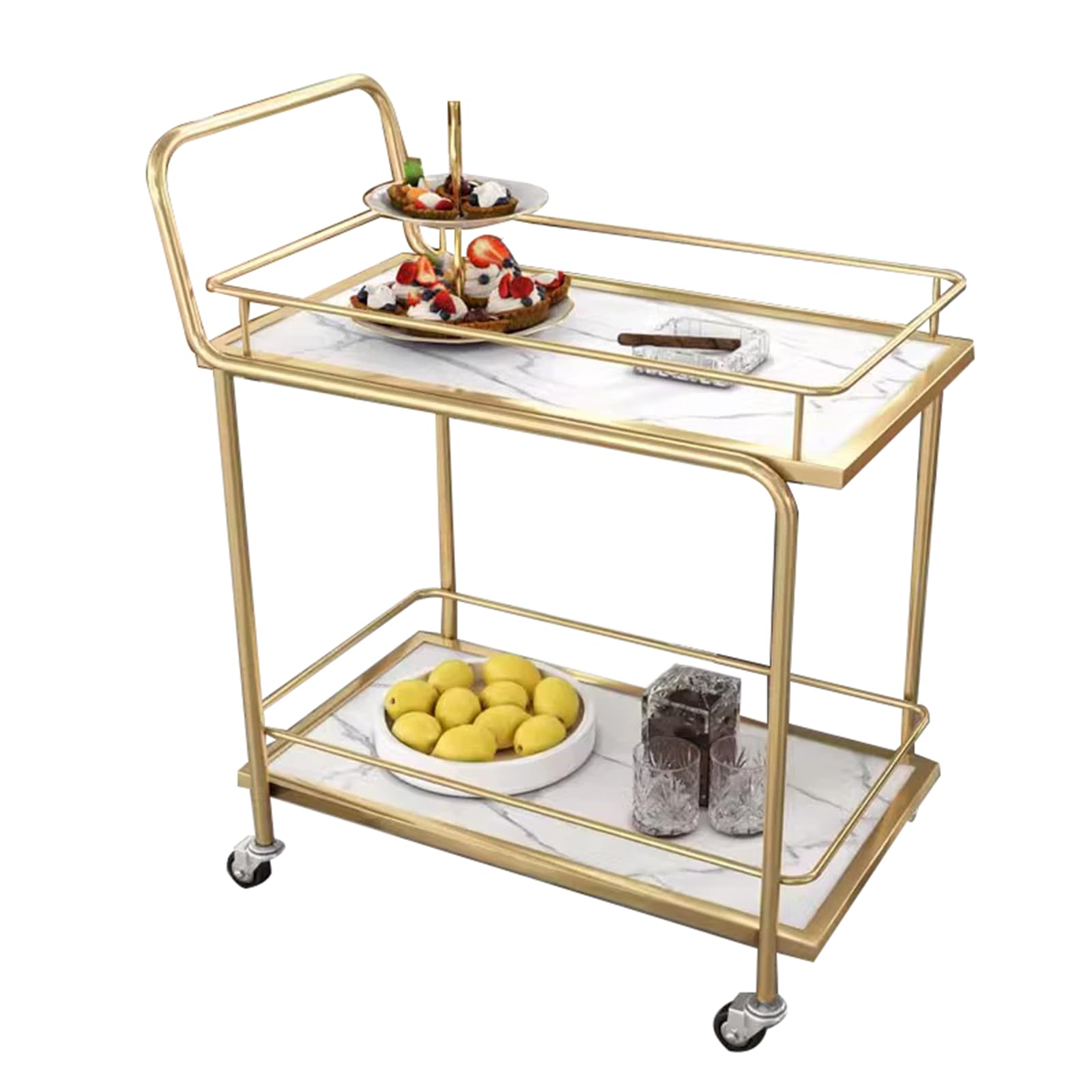 Carrello di servizio per ristoranti in metallo dorato Carrello a 2 livelli con recinzione e pannelli in marmo ecologico, elegante carrello bianco per buffet per catering e uso da pranzo