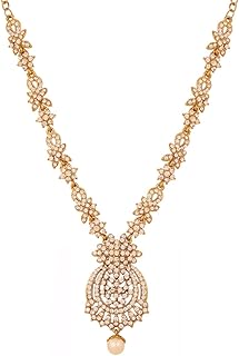 Indian Bollywood Traditional Exclusive Floral Workmanship Sparkling Rhinestone Designer Jewelry Necklace in Gold Or White Tone for Women.