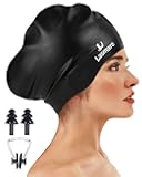 Large Long Hair Swim Cap with Extra Room for Women Men, Silicone Swimming Cap for Long Thick Hair with Ear Plugs Nose Clip Set, Adult Waterproof Swim Hats Bathing Caps to Keep Hair Dry