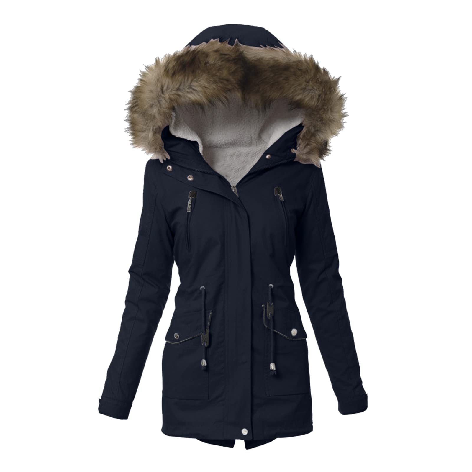 Veste d'hiver mi-longue pour femme - Parka matelassée - Veste matelassée en fourrure synthétique - Veste à capuche - Veste softshell légère et respirante