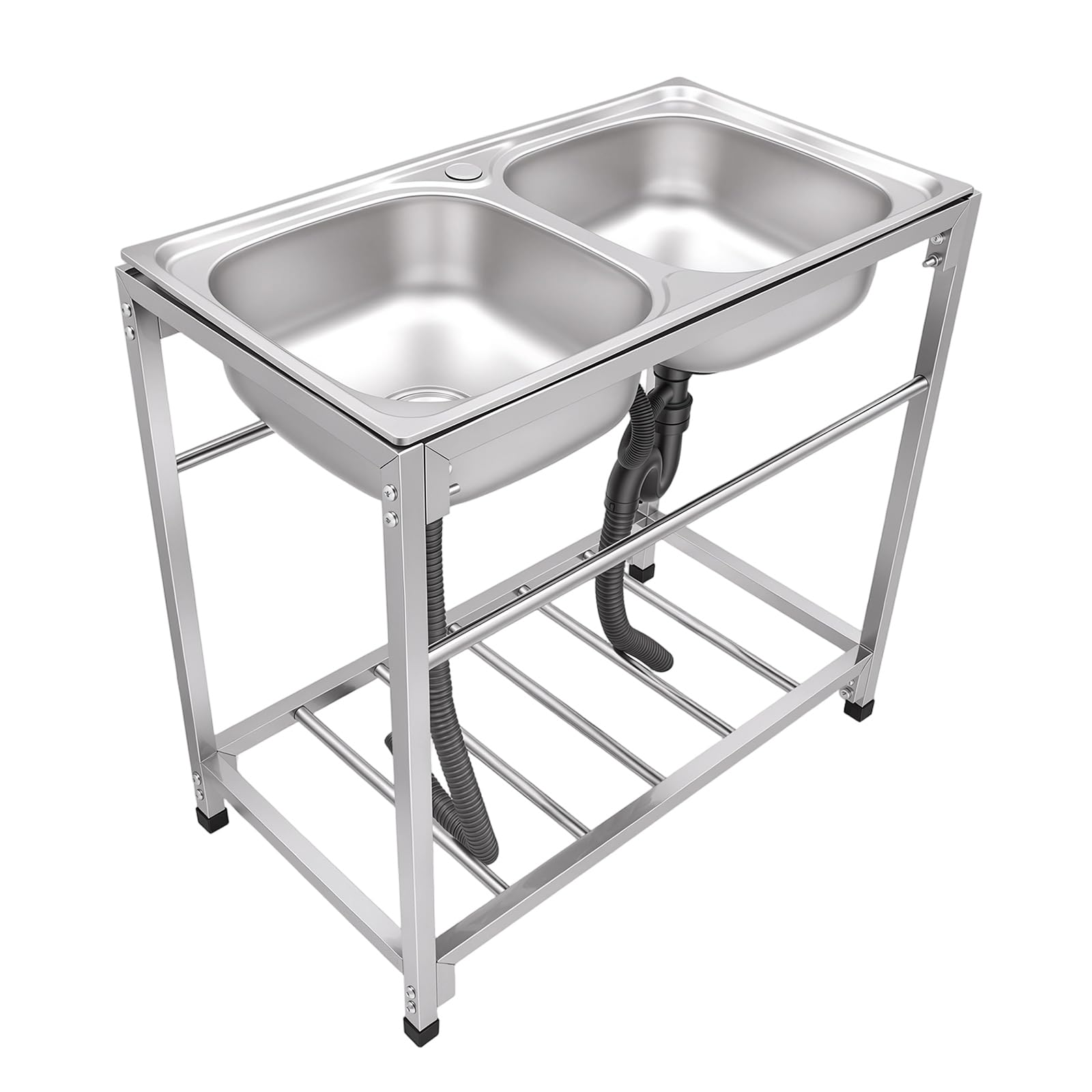 Lavello autoportante per esterni, in acciaio inox, 2 vasche, portata 75 kg, doppia vasca, lavello da cucina commerciale con beccuccio, lavello per ristorazione, per negozi e garage, 83,1 x 43,9 x 77