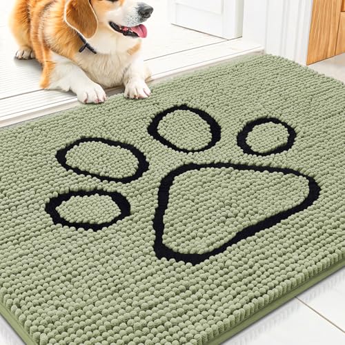 Image of Smiry Dog Door Mat for Muddy Paws, Absorbent Dirt Trapper Non Slip Quick Dry Washable Chenille Mat for Mud Dogs, Entry Rug for Indoor and Outdoor (30x20 Inches, Sage Green and Black)