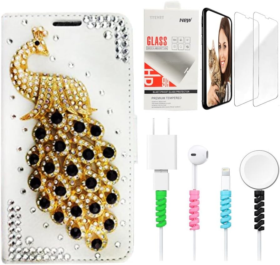STENES Bling Wallet Phone Case Compatible with Samsung Galaxy S21 Plus Case - Stylish - 3D Handmade Peacock Design Leather Cover with Screen Protector & Cable Protector - Bling