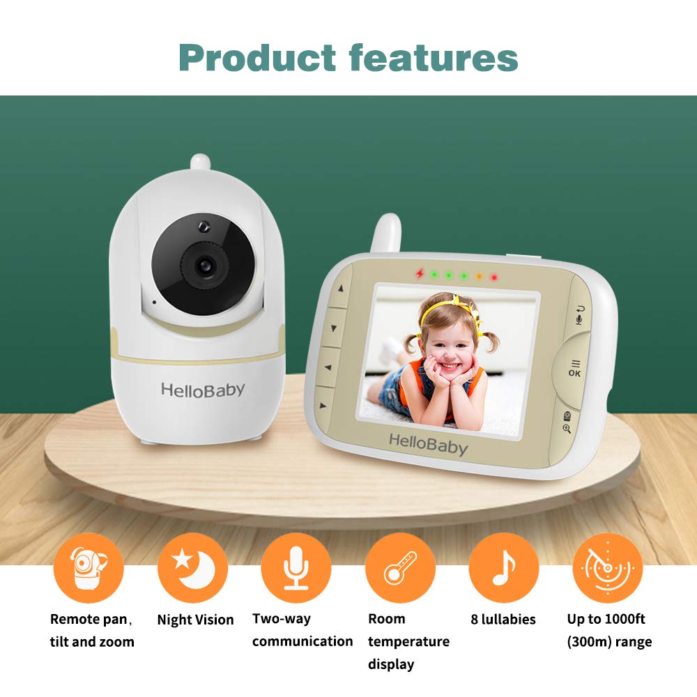 HelloBaby Baby Monitor con telecamera,display da 3,2 pollici,baby monitor video e audio,telecamera per bambini Pan-Tilt-Zoom a distanza, visione notturna, funzione citofono,HB65