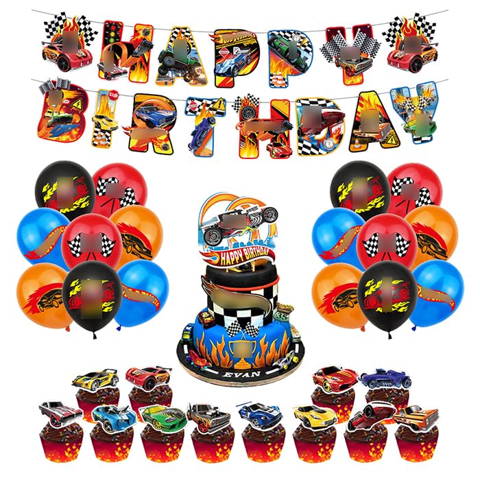 Rennwagen Geburtstagsdeko-Set, 23-teilig – Mit Ballons, Cupcake-Toppern, Tischdecke & Flagge