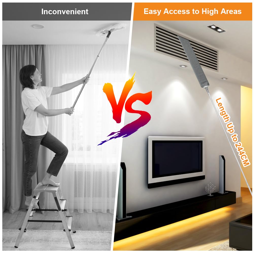 Vicloon Plumero Atrapapolvo Plumero de Limpieza Extra Largo 2.44m Telescópica Microfibra Plumeros y Cepillo de Limpieza de Ranura, Lavable, Extensible con 2 paños reemplazables para Persianas Windows