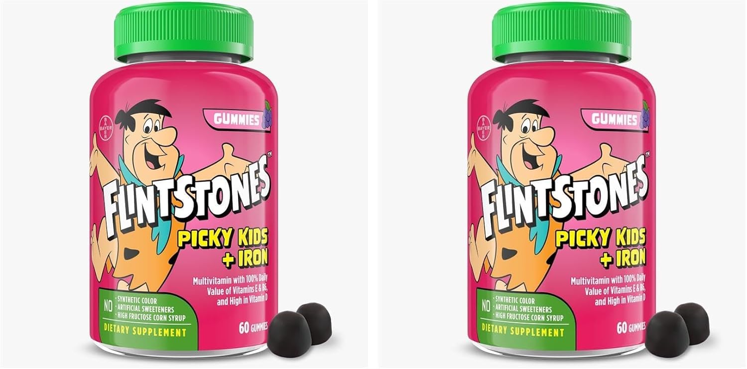 Flintstones Vitamins for Picky Kids + Iron, Kids Multivitamin Gummies with Vitamin C, D, E, B6 and Iron, Gummy Vitamins, Grape Flavored, 60 Gummies,(Pack of 2)