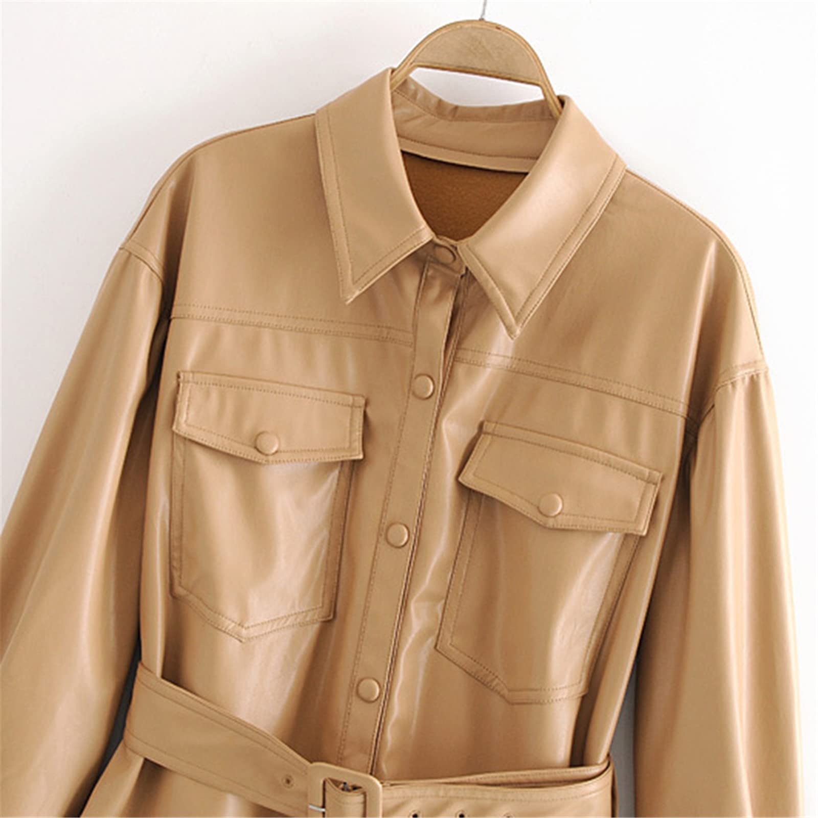 Giacche in ecopelle da donna con fascia in PU cappotto rovesciato collare giacca solida con velluto High Street autunno primavera, Beige, S