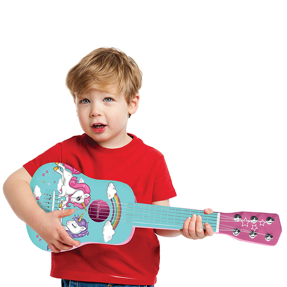 Lexibook, Unicornio Guitarra de Madera, K205UNILXB | Guitarra 53 cm, 6 cuerdas, guía de aprendizaje incluida, rosa/azul