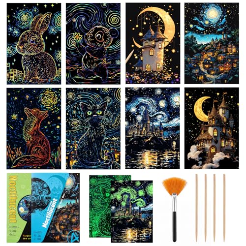 13PCS Night Sky Scratch Art Paper A4 Animal & Fantasy Designs Rainbow Engraving DIY Art Set with Wooden Stylus and Cleaning Brush Creative Painting & Drawing for Adults