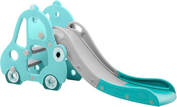 مجموعة ألعاب UNICOO Toddler Slide للأطفال مع منحدر انزلاقي طويل جدًا وطوق كرة سلة ومنزلق سيارة الكرة - أخضر نعناعي