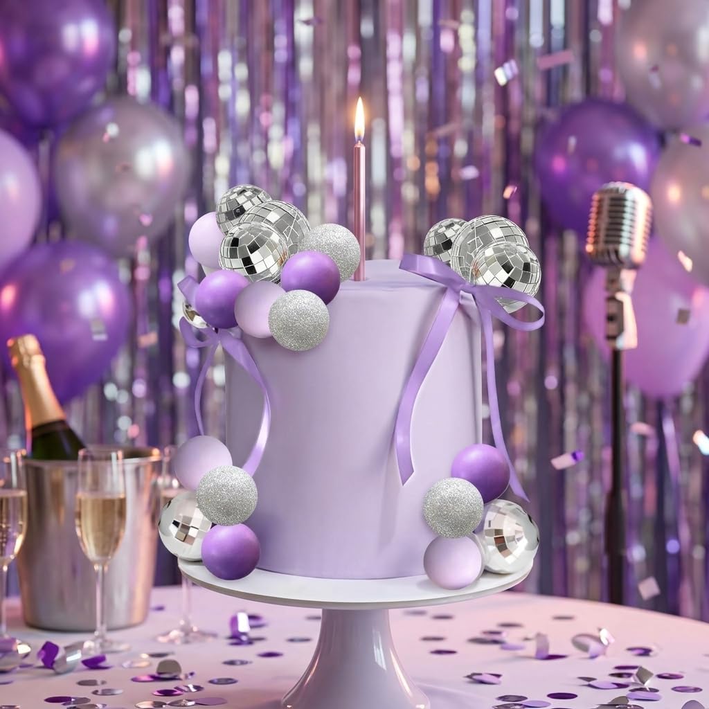 37Pcs Purple Silver Cake Decorations Set, Disco Ball Bow Glitter Cake