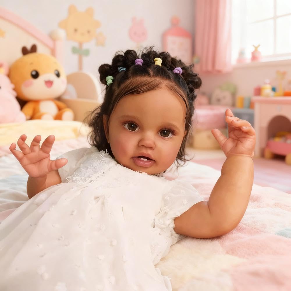 RXDOLL Real Life Reborn Baby Dolls,24 Inch Black African American Realistic Reborn Toddler Doll Girl Eyes Open,Soft Cloth Body Lifelike Toddler Dolls Kids Birthday Xmas Gifts