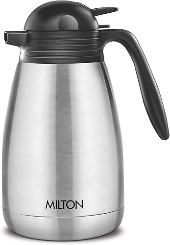 Milton Thermosteel Jarra térmica de doble pared aislada al vacío, 50.7 fl oz, 50 onzas, tapa para prensar y verter, 24 horas de calor y frío, acero