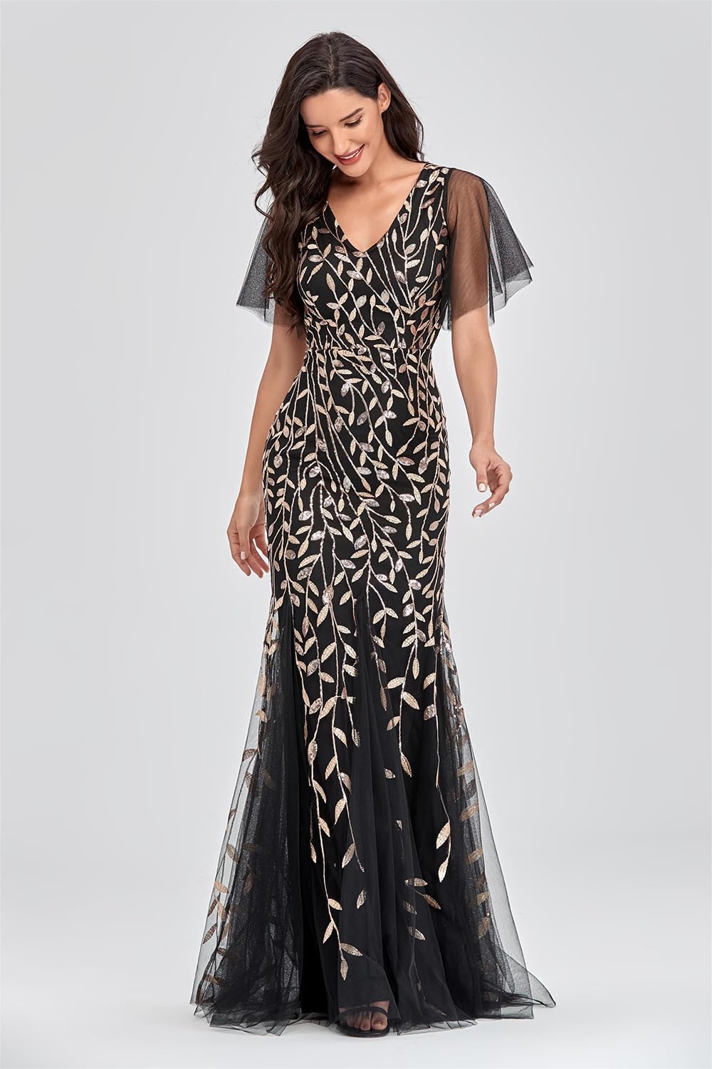 Women Sparkly Dress Glitter Sequin V Neck Tulle Embroidery Bodycon Mermaid Elegant Ruffles Sleeve Evening Gown Formal Cocktail Maxi Prom Dresses Black Gold L