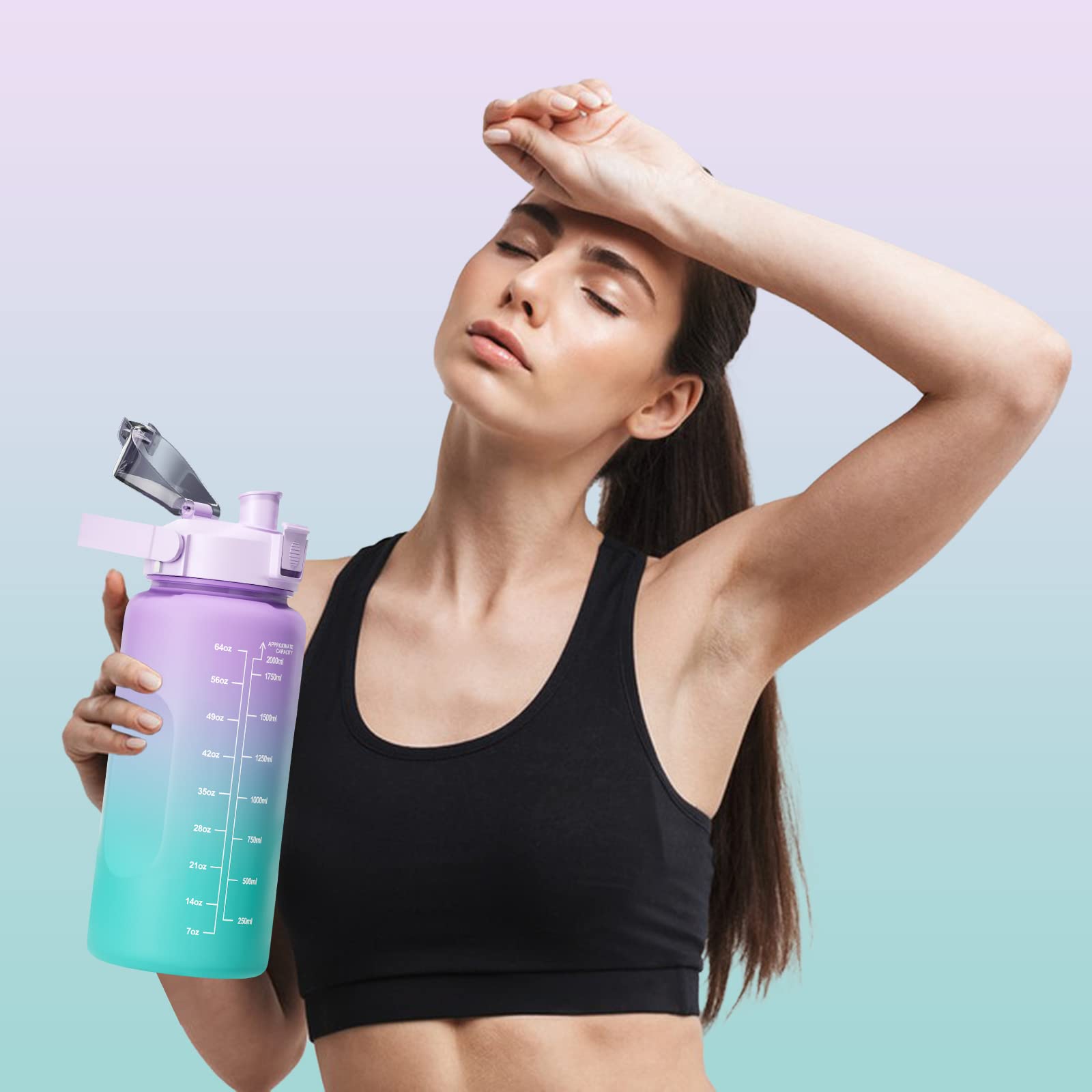 Firschoie Borraccia con Cannuccia 2 Litro Sportiva, Indici di Ispirazione con Graduazioni, Senza BPA, Borracce di Perdite con Cannuccia, Alto Volume, per Yoga, Palestra, Campeggio (Viola)