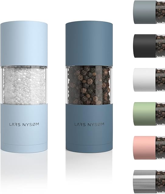 LARS NYSØM Stainless Steel Salt and Pepper Mills Set with Adjustable Ceramic Grinder 2 Pieces I Design Spice Mills Set Manual
