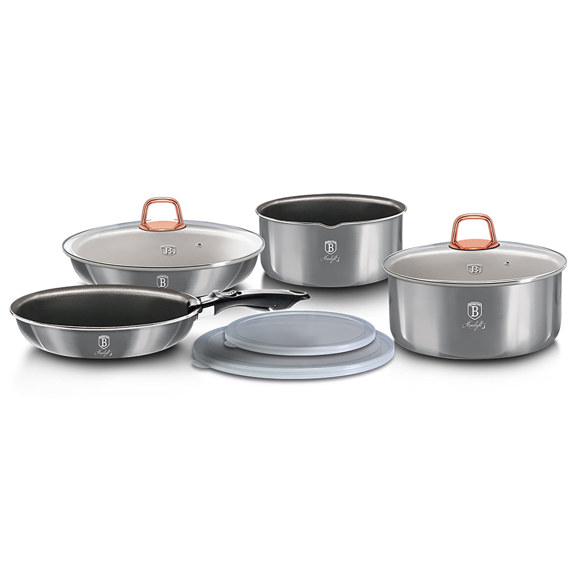 Berlinger Haus Moonlight Batería Cocina Inducción 9 Piezas, Mango Extraíble Intercambiable, Antiadherente sin PFOA, Aluminio, Set Cacerolas y Sartenes, Tapas Cristal + Herméticas, Apilable