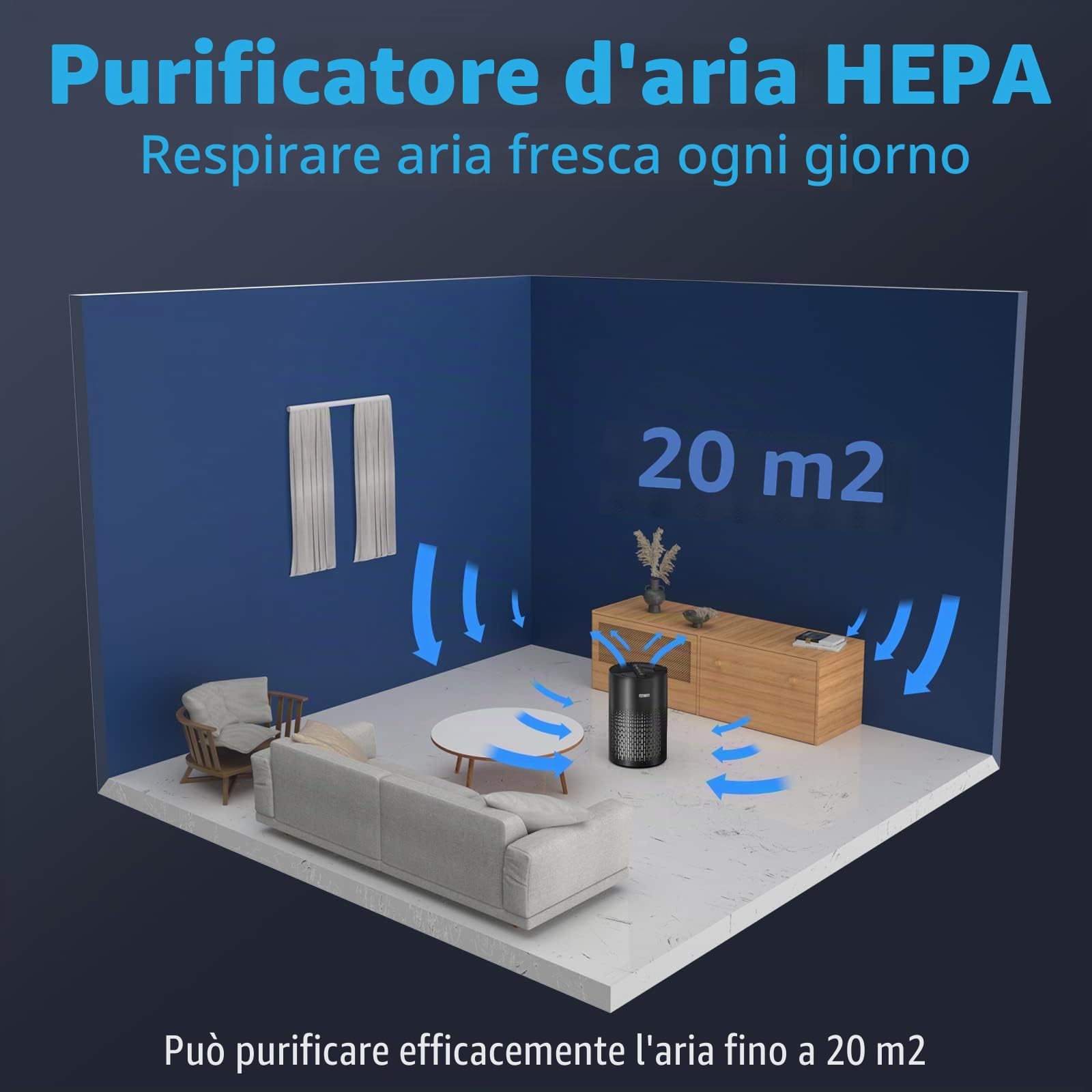 FITNATE Purificatore d'aria con diffusore di oli essenziali per la casa, camere grandi fino a 215 piedi quadrati e filtri al 99,9% di allergeni, forfora per animali domestici, polvere silenziosa