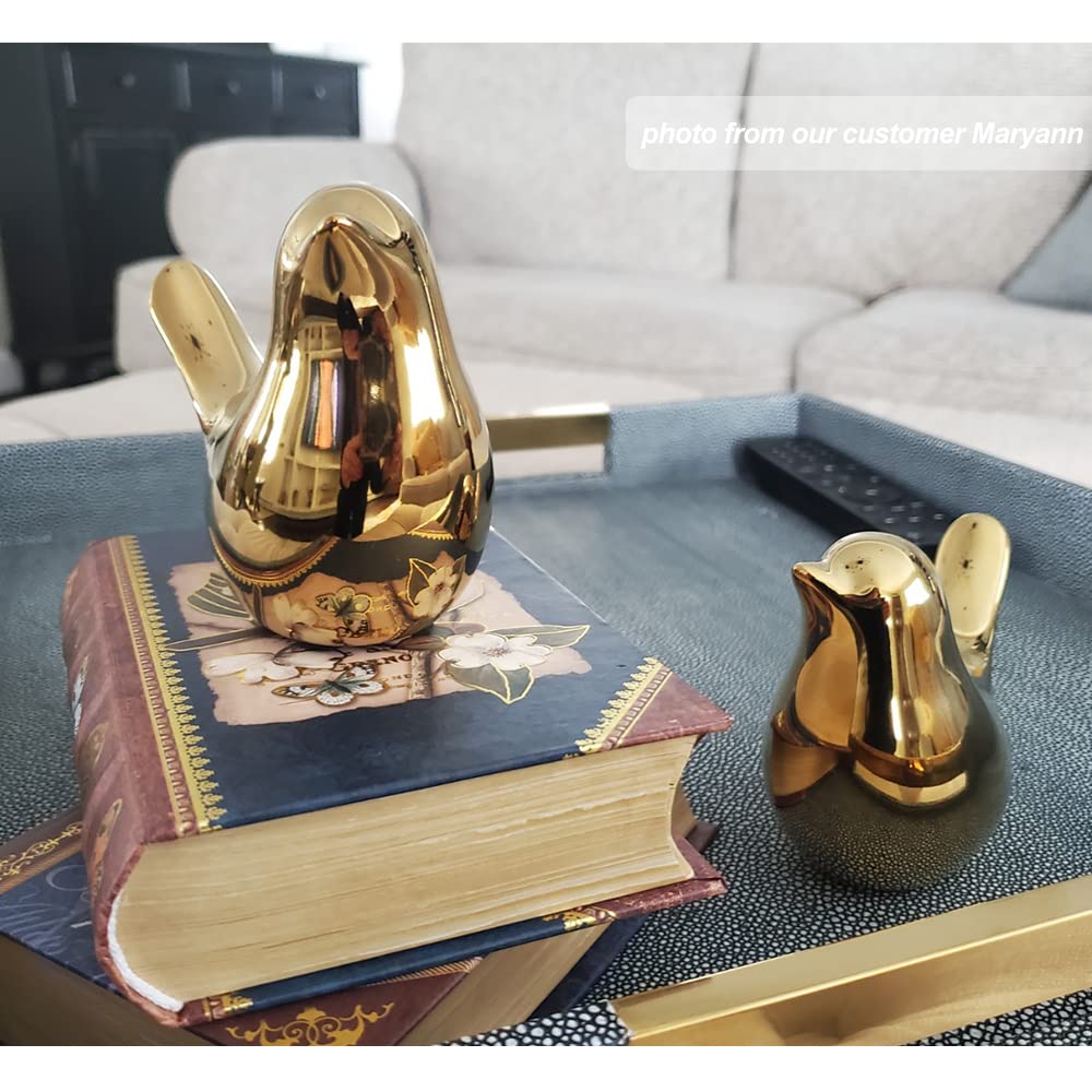 Golden Ceramic Bird Figurines - Set Of 2 Decorative Birds For Home & Garden Decor