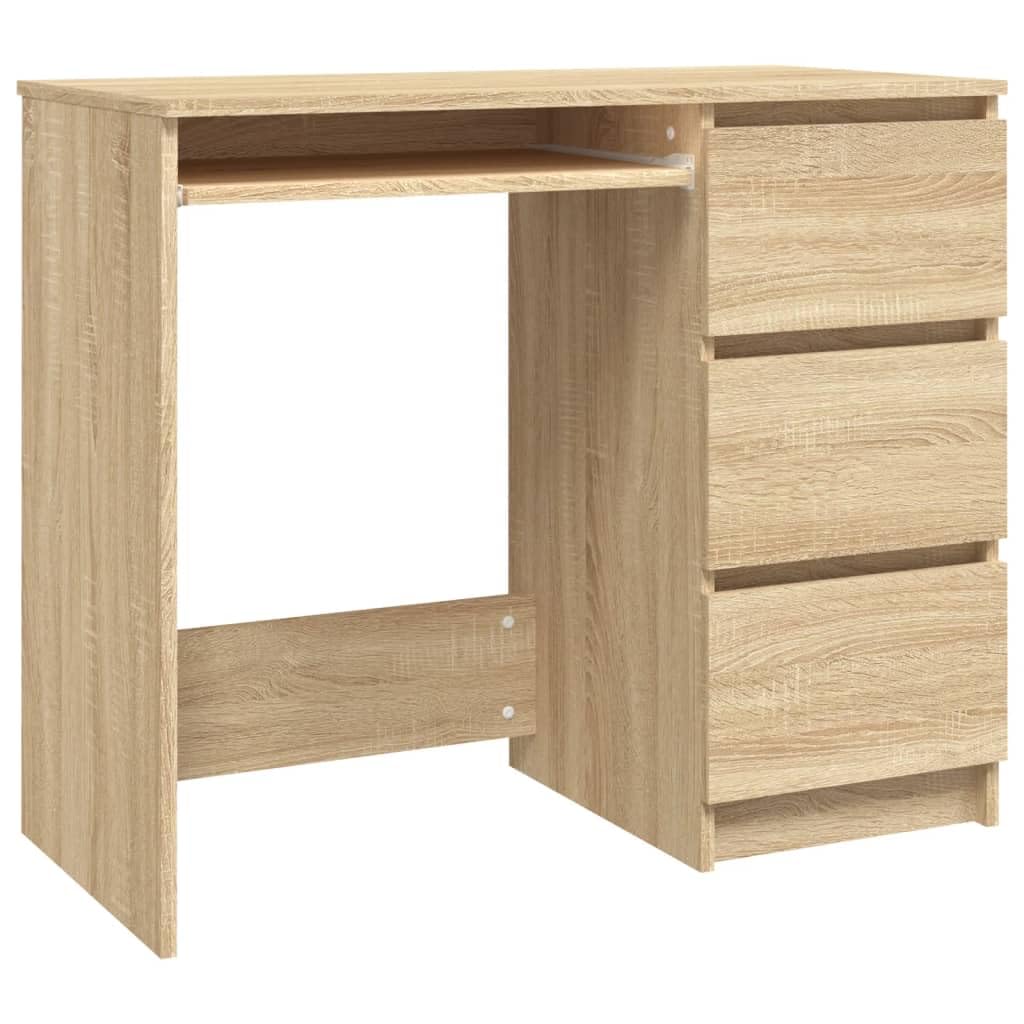 puraday Escritorio para estudio de roble Sonoma, 90 x 45 x 76 cm, material de madera, elegante mesa multifuncional con 3 cajones, carpeta y libros, mesa de oficina para jóvenes y habitaciones