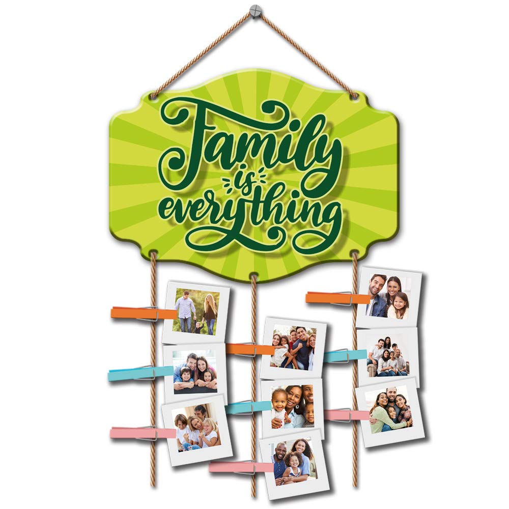 Yey Family is Everything Quote Printed Wooden Wall Hanging Photo Display Collage Organiser with Ropes and Clips