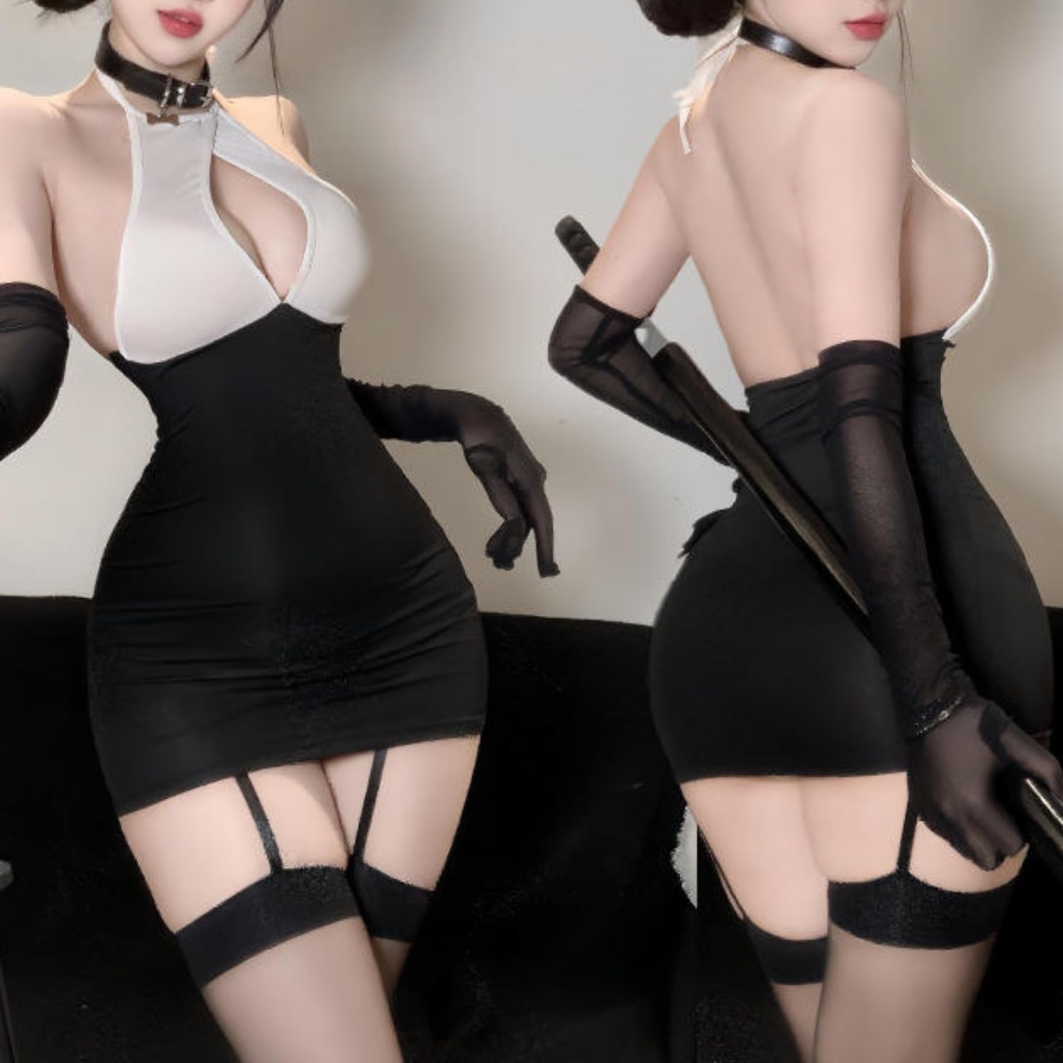 ROSVAJFY Women's Cosplay Lingerie Set Secretary Outfit Sexy Fitted Halter Neck Mini Dress Backless Cut-Out Office Lady Uniform Teacher Roleplay Costume for Halloween Valentines