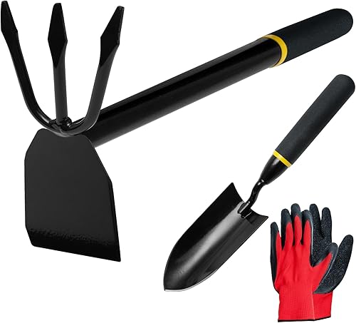 Juego de 2 herramientas de jardín, paleta de mano resistente en forma de V y azada de jardín 2 en 1 con mango cómodo, kit de jardinería duradero