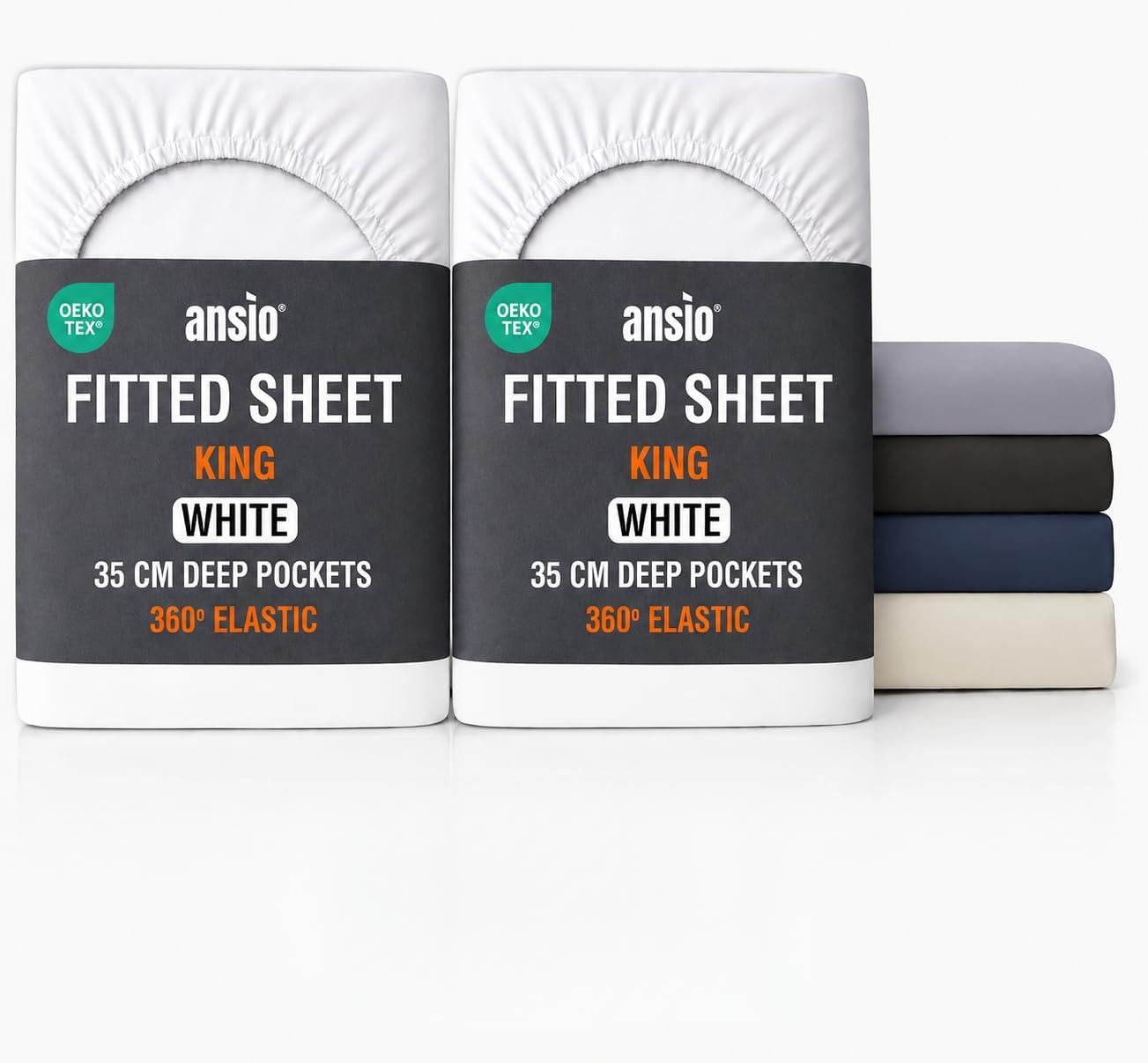 ANSIO® King Size (2 Pack) Fitted Sheet Soft Brushed Microfibre Fabric – Extra Deep Pocket 35cm – All-Around Elastic – OEKO-TEX Certified – Easy Care & Naturally Smooth After Wash - White