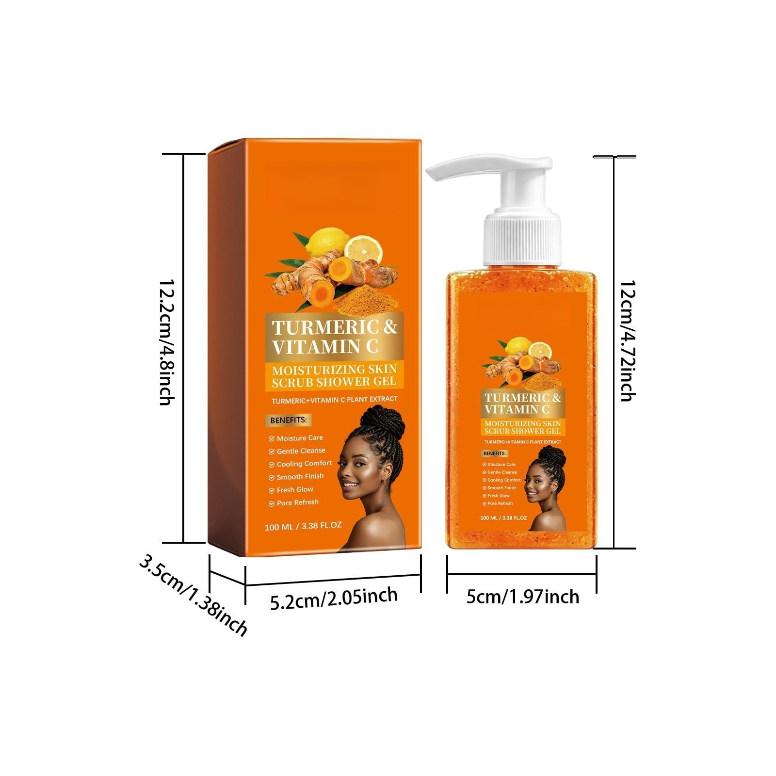 Turmeric Orange Vitamin C Body Wash with Cocoa Seed Exfoliant Gel Douche Eclaircissant Corps,Moisturizing Daily Shower Gel for Dry Skin,Smoothing and Refreshing 100ml