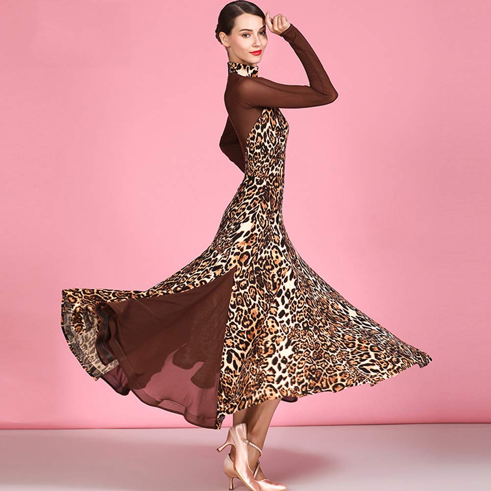 Vestidos De Baile De Salón De Manga Larga Ropa De Baile De Vals con Estampado De Leopardo para Mujer Conjunto para Práctica De Salsa De Estampado Ropa De Flamenco con Gran Vuelo