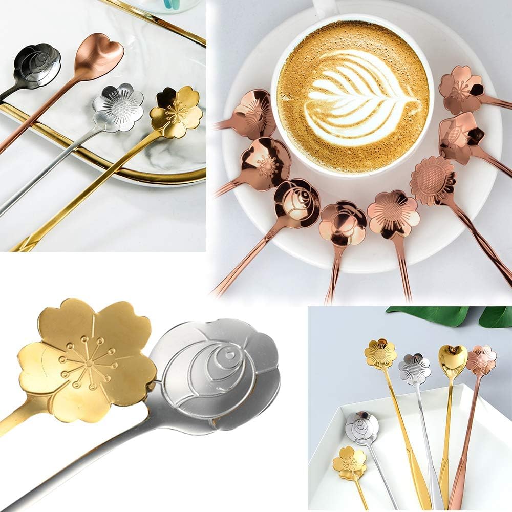 Cuillère à thé, cuillère à Dessert, Ensemble de 20 cuillères à Fleurs, cuillère à thé en Acier Inoxydable, cuillère à café, cuillère à Sucre, Formes Multiples (4,9 et 7 Pouces)