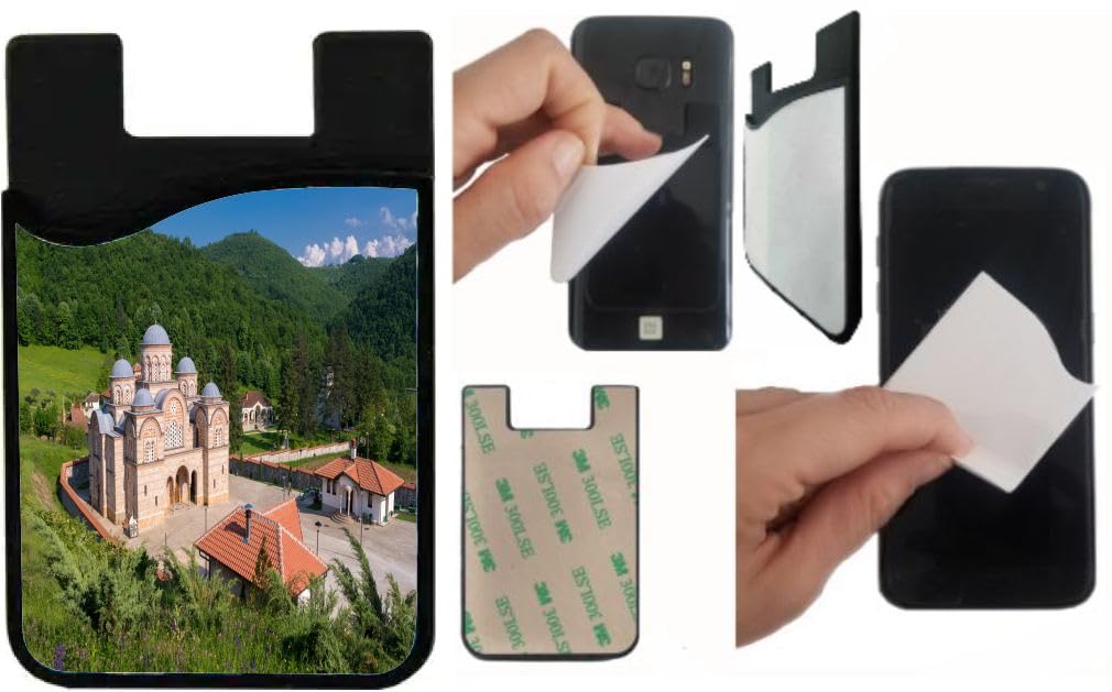 Island Gifting Neoprene Stick-on ID Card Holder for iPhone/Galaxy/Google Android Cases Featuring Image of Celije famou Monasteri Near Valijevo West Serbia