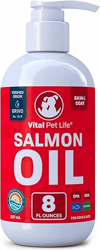 Aceite de salmón para perros y gatos (8 onzas) Aceite de pescado Omega 3 EPA DHA Suplemento alimenticio líquido para mascotas, Alaska salvaje, todo