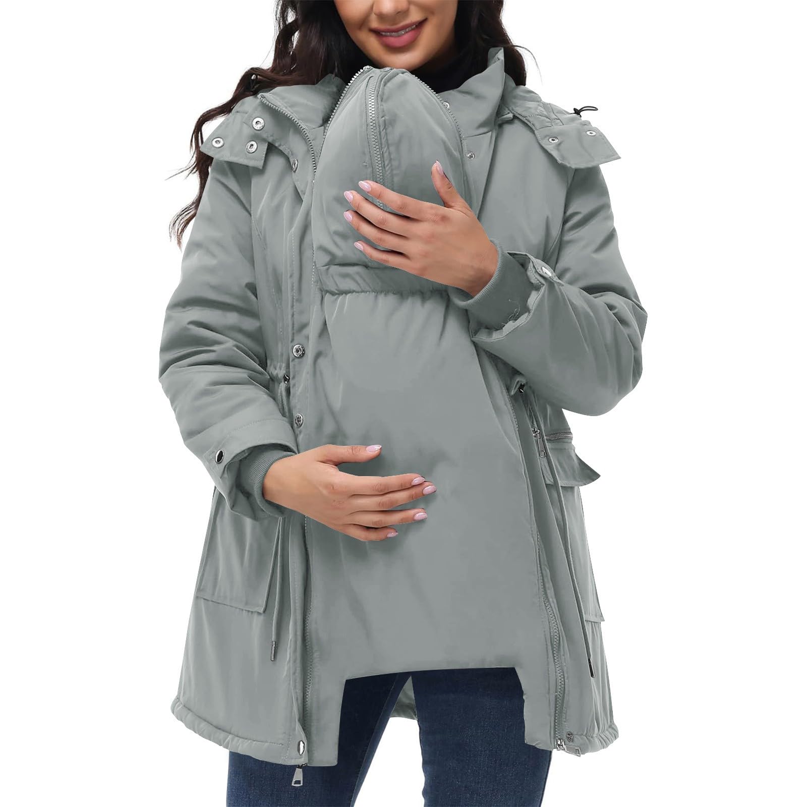 duxyoz Umstands-Wintermantel – wasserdicht, 3-in-1-Babyjacke mit Kapuze, warm, gesteppter Umstandsmantel mit abnehmbarer Baby-Tragetasche, Parka, Outwear